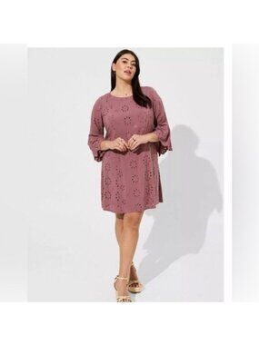 Torrid Rose Taupe Mini Challis Eyelet Drop Waist 3/4 Sleeve Dress - 1X